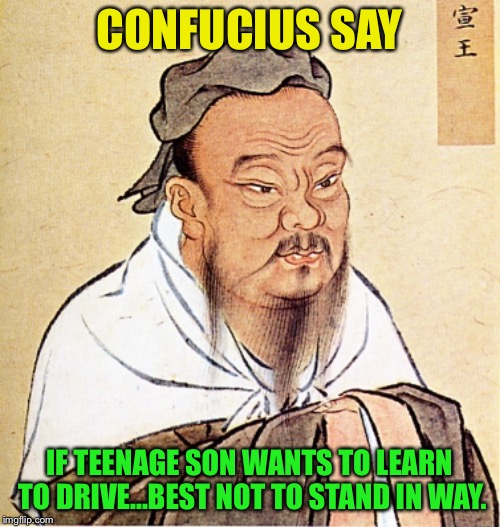 Not stand in way | CONFUCIUS SAY; IF TEENAGE SON WANTS TO LEARN TO DRIVE...BEST NOT TO STAND IN WAY. | image tagged in confucius says | made w/ Imgflip meme maker