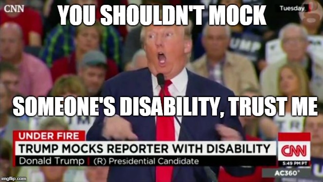 Trump Mocking Disabled | YOU SHOULDN'T MOCK SOMEONE'S DISABILITY, TRUST ME | image tagged in trump mocking disabled | made w/ Imgflip meme maker