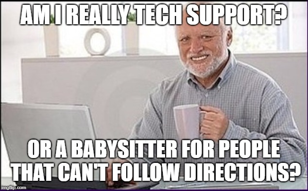 tech support | AM I REALLY TECH SUPPORT? OR A BABYSITTER FOR PEOPLE THAT CAN'T FOLLOW DIRECTIONS? | image tagged in it support,babysitter | made w/ Imgflip meme maker