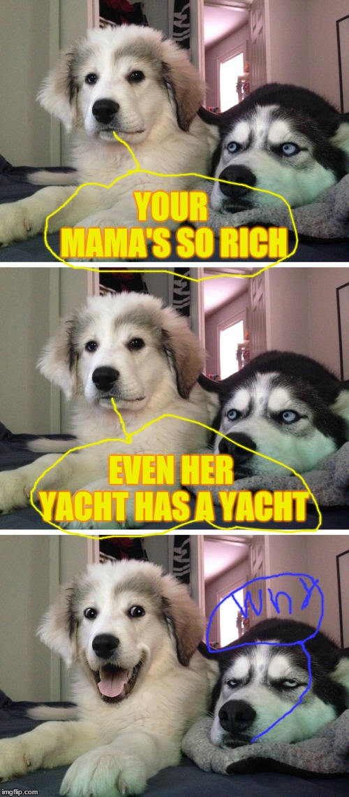 Bad pun dogs | YOUR MAMA'S SO RICH; EVEN HER YACHT HAS A YACHT | image tagged in bad pun dogs | made w/ Imgflip meme maker