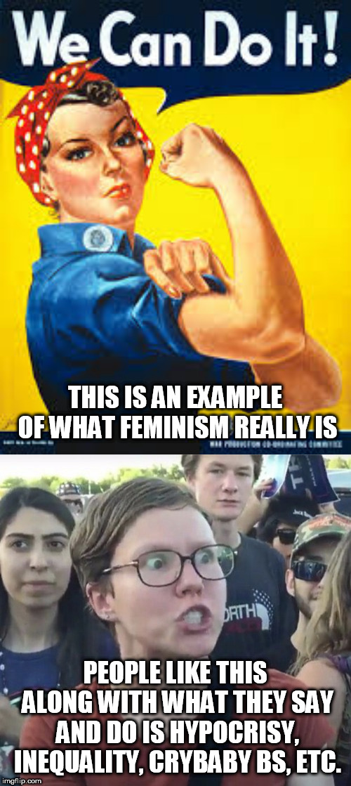 THIS IS AN EXAMPLE OF WHAT FEMINISM REALLY IS; PEOPLE LIKE THIS ALONG WITH WHAT THEY SAY AND DO IS HYPOCRISY, INEQUALITY, CRYBABY BS, ETC. | image tagged in we can do it,triggered feminist | made w/ Imgflip meme maker