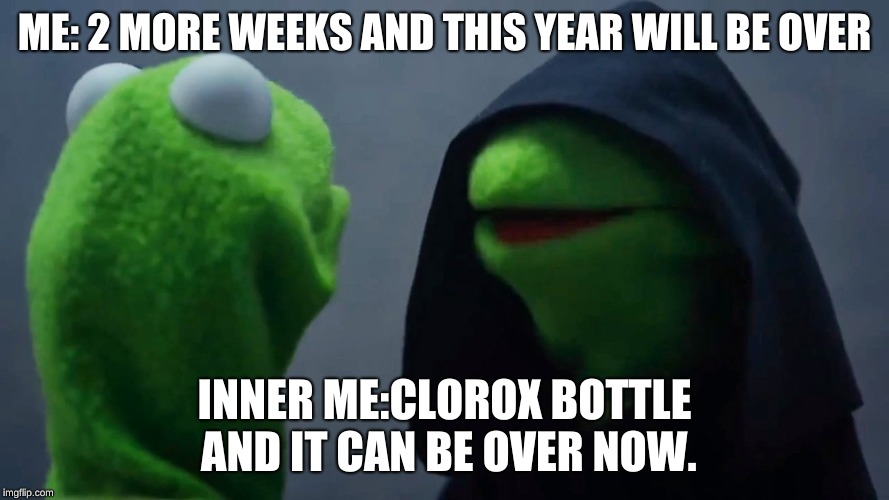 Kermit Inner Me | ME: 2 MORE WEEKS AND THIS YEAR WILL BE OVER; INNER ME:CLOROX BOTTLE AND IT CAN BE OVER NOW. | image tagged in kermit inner me | made w/ Imgflip meme maker