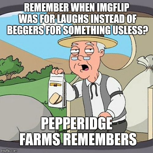 Pepperidge Farm Remembers Meme | REMEMBER WHEN IMGFLIP WAS FOR LAUGHS INSTEAD OF BEGGERS FOR SOMETHING USLESS? PEPPERIDGE FARMS REMEMBERS | image tagged in memes,pepperidge farm remembers | made w/ Imgflip meme maker