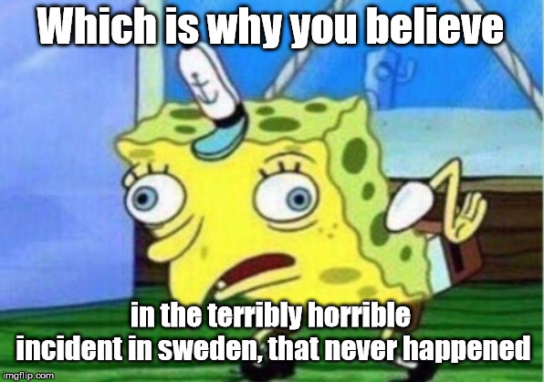 Mocking Spongebob Meme | Which is why you believe in the terribly horrible incident in sweden, that never happened | image tagged in memes,mocking spongebob | made w/ Imgflip meme maker