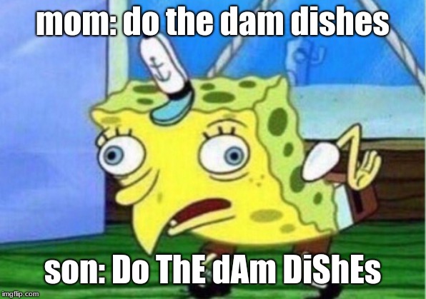 Mocking Spongebob Meme | mom: do the dam dishes; son: Do ThE dAm DiShEs | image tagged in memes,mocking spongebob | made w/ Imgflip meme maker
