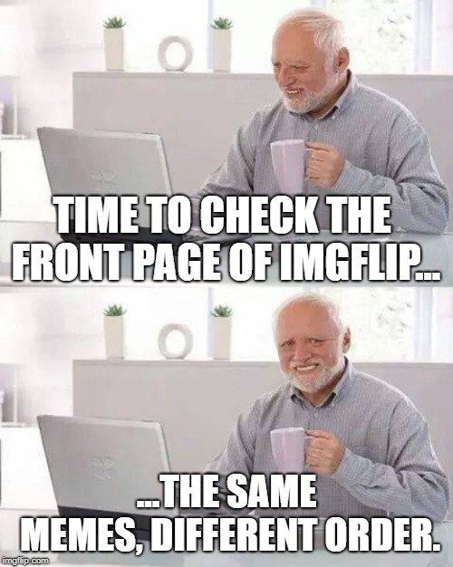 Static Display | TIME TO CHECK THE FRONT PAGE OF IMGFLIP... ...THE SAME MEMES, DIFFERENT ORDER. | image tagged in memes,hide the pain harold,front page,meanwhile on imgflip | made w/ Imgflip meme maker