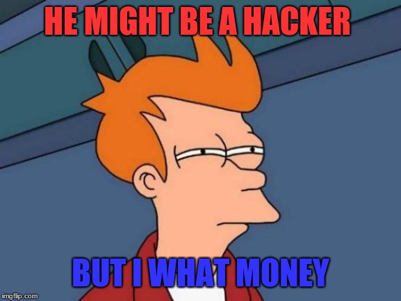 Futurama Fry Meme | HE MIGHT BE A HACKER; BUT I WHAT MONEY | image tagged in memes,futurama fry | made w/ Imgflip meme maker