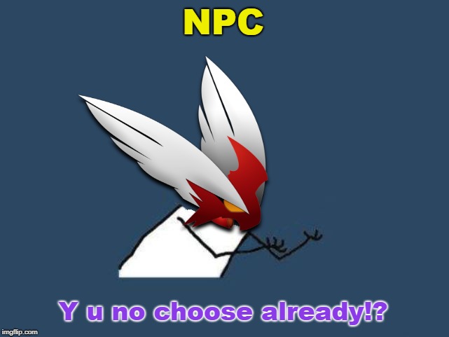 Y u no Blaze the Blaziken | NPC Y u no choose already!? | image tagged in y u no blaze the blaziken | made w/ Imgflip meme maker