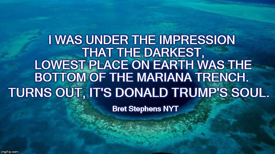 I WAS UNDER THE IMPRESSION THAT THE DARKEST, LOWEST PLACE ON EARTH WAS THE BOTTOM OF THE MARIANA TRENCH. TURNS OUT, IT'S DONALD TRUMP'S SOUL. Bret Stephens‏ NYT | image tagged in mega,donaldtrump,usa,marianatrench | made w/ Imgflip meme maker