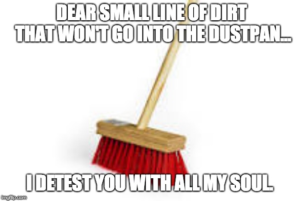 When I see a broom |  DEAR SMALL LINE OF DIRT THAT WON'T GO INTO THE DUSTPAN... I DETEST YOU WITH ALL MY SOUL. | image tagged in when i see a broom | made w/ Imgflip meme maker