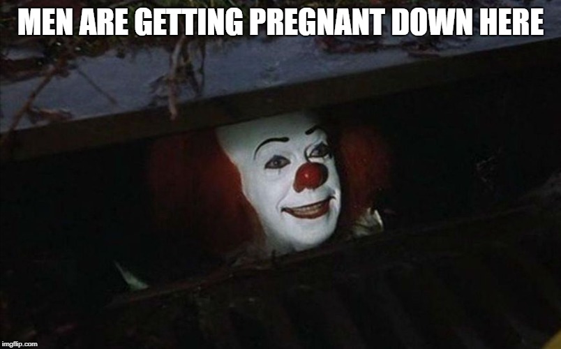Clown in sewer | MEN ARE GETTING PREGNANT DOWN HERE | image tagged in clown in sewer | made w/ Imgflip meme maker
