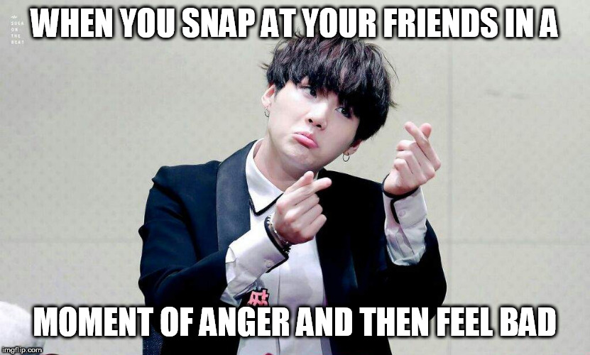 WHEN YOU SNAP AT YOUR FRIENDS IN A; MOMENT OF ANGER AND THEN FEEL BAD | image tagged in suga sorry i love you | made w/ Imgflip meme maker