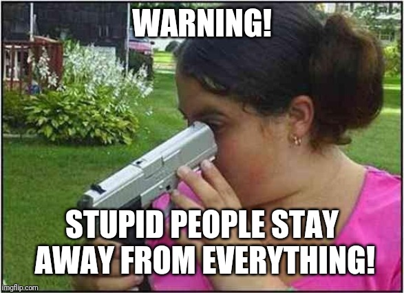 Woman looking down gun barrel | WARNING! STUPID PEOPLE STAY AWAY FROM EVERYTHING! | image tagged in woman looking down gun barrel | made w/ Imgflip meme maker