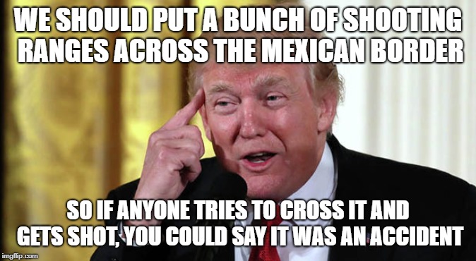 Pure genius | WE SHOULD PUT A BUNCH OF SHOOTING RANGES ACROSS THE MEXICAN BORDER; SO IF ANYONE TRIES TO CROSS IT AND GETS SHOT, YOU COULD SAY IT WAS AN ACCIDENT | image tagged in trump stable genius | made w/ Imgflip meme maker