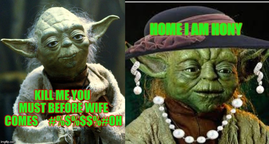 HOME I AM HONY; KILL ME YOU MUST BEFORE WIFE COMES     #%$%$$%#OH | image tagged in memes,star wars yoda | made w/ Imgflip meme maker