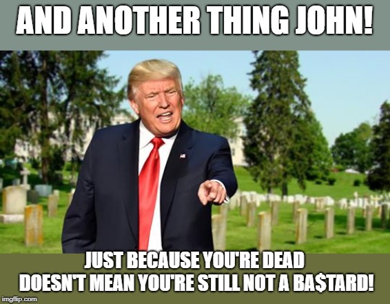 Trump is just getting in the last word. | AND ANOTHER THING JOHN! JUST BECAUSE YOU'RE DEAD DOESN'T MEAN YOU'RE STILL NOT A BA$TARD! | image tagged in trump,john mccain,politics,political meme,funny | made w/ Imgflip meme maker