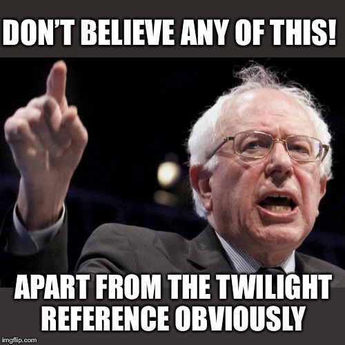 Bernie Sanders | DON’T BELIEVE ANY OF THIS! APART FROM THE TWILIGHT REFERENCE OBVIOUSLY | image tagged in bernie sanders | made w/ Imgflip meme maker
