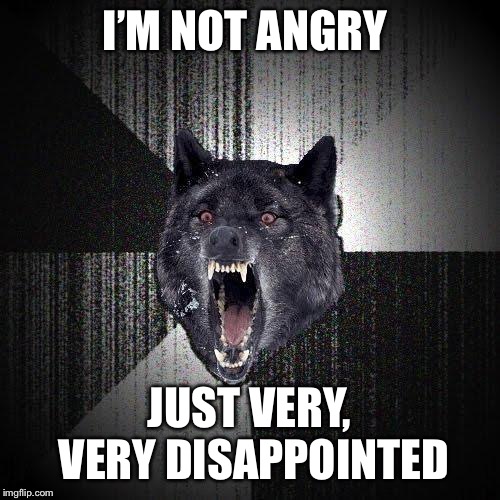 Insanity Wolf | I’M NOT ANGRY; JUST VERY, VERY DISAPPOINTED | image tagged in memes,insanity wolf,angry,disappointed | made w/ Imgflip meme maker