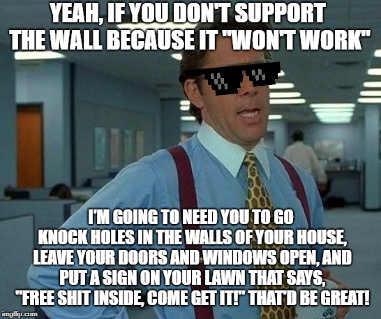 That Would Be Great Meme | YEAH, IF YOU DON'T SUPPORT THE WALL BECAUSE IT "WON'T WORK"; I'M GOING TO NEED YOU TO GO KNOCK HOLES IN THE WALLS OF YOUR HOUSE, LEAVE YOUR DOORS AND WINDOWS OPEN, AND PUT A SIGN ON YOUR LAWN THAT SAYS, "FREE SHIT INSIDE, COME GET IT!" THAT'D BE GREAT! | image tagged in memes,that would be great,walls work,build the wall | made w/ Imgflip meme maker