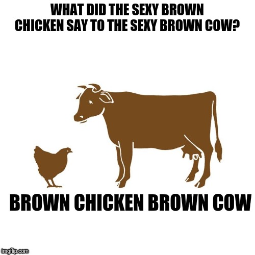 Brown chicken brown cow | WHAT DID THE SEXY BROWN CHICKEN SAY TO THE SEXY BROWN COW? BROWN CHICKEN BROWN COW | image tagged in animals,jokes,dad joke,chicken,cow | made w/ Imgflip meme maker