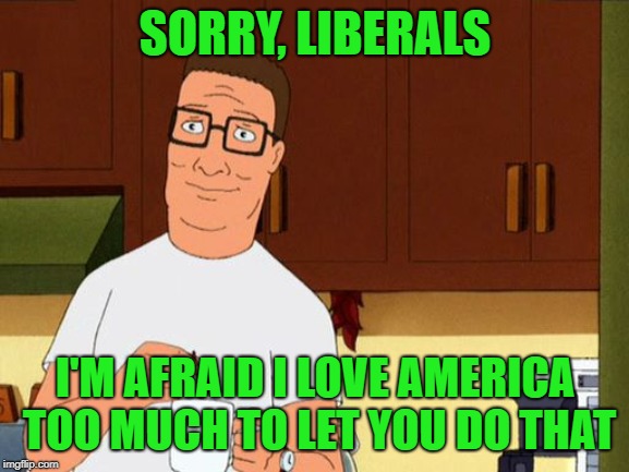 Do what you ask? Fill in the blank with anything they're trying to do | SORRY, LIBERALS; I'M AFRAID I LOVE AMERICA TOO MUCH TO LET YOU DO THAT | image tagged in hank hill smile,god bless america | made w/ Imgflip meme maker