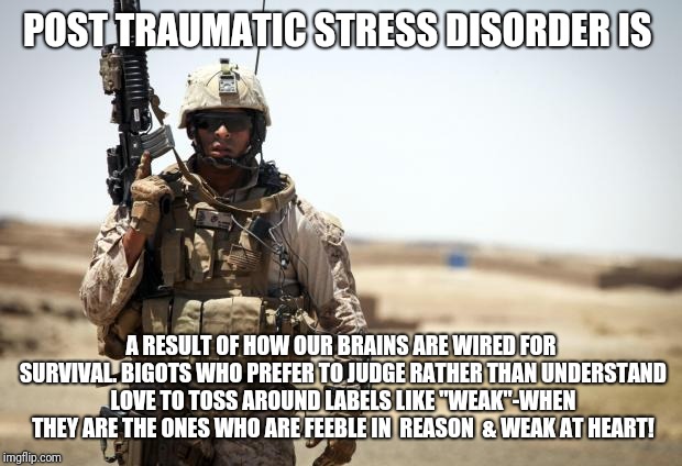 Soldier | POST TRAUMATIC STRESS DISORDER IS A RESULT OF HOW OUR BRAINS ARE WIRED FOR SURVIVAL. BIGOTS WHO PREFER TO JUDGE RATHER THAN UNDERSTAND LOVE  | image tagged in soldier | made w/ Imgflip meme maker