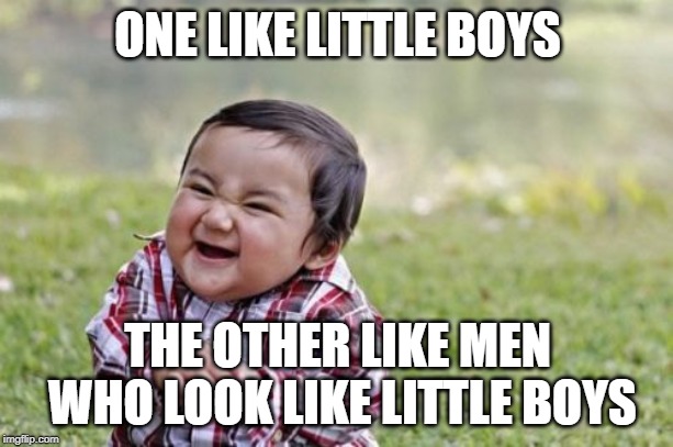 Evil Toddler Meme | ONE LIKE LITTLE BOYS THE OTHER LIKE MEN WHO LOOK LIKE LITTLE BOYS | image tagged in memes,evil toddler | made w/ Imgflip meme maker