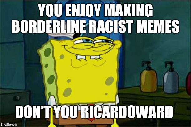 Don't You Squidward Meme | YOU ENJOY MAKING BORDERLINE RACIST MEMES DON'T YOU RICARDOWARD | image tagged in memes,dont you squidward | made w/ Imgflip meme maker