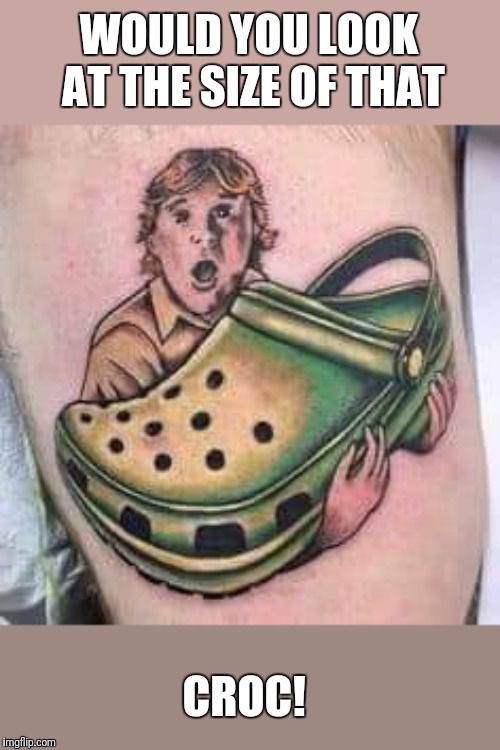 Best Tat Ever | WOULD YOU LOOK AT THE SIZE OF THAT; CROC! | image tagged in steve irwin,crocs,clever | made w/ Imgflip meme maker