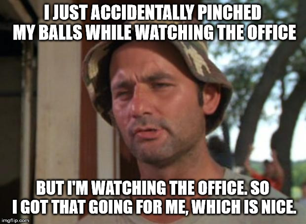 So I Got That Goin For Me Which Is Nice Meme | I JUST ACCIDENTALLY PINCHED MY BALLS WHILE WATCHING THE OFFICE; BUT I'M WATCHING THE OFFICE. SO I GOT THAT GOING FOR ME, WHICH IS NICE. | image tagged in memes,so i got that goin for me which is nice | made w/ Imgflip meme maker