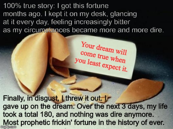 Fortune Cookie | 100% true story: I got this fortune months ago. I kept it on my desk, glancing at it every day, feeling increasingly bitter as my circumstances became more and more dire. Your dream will come true when you least expect it. Finally, in disgust, I threw it out. I gave up on the dream. Over the next 3 days, my life took a total 180, and nothing was dire anymore. Most prophetic frickin' fortune in the history of ever. | image tagged in fortune cookie | made w/ Imgflip meme maker