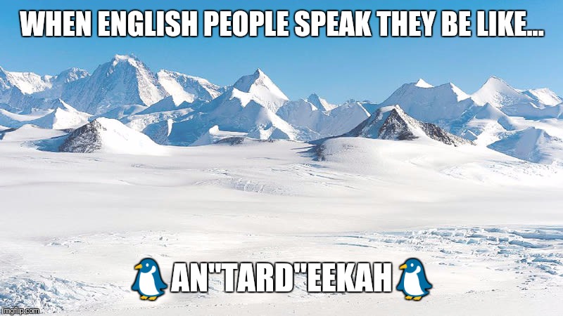 Antarctica | WHEN ENGLISH PEOPLE SPEAK THEY BE LIKE... 🐧AN"TARD"EEKAH🐧 | image tagged in antarctica | made w/ Imgflip meme maker