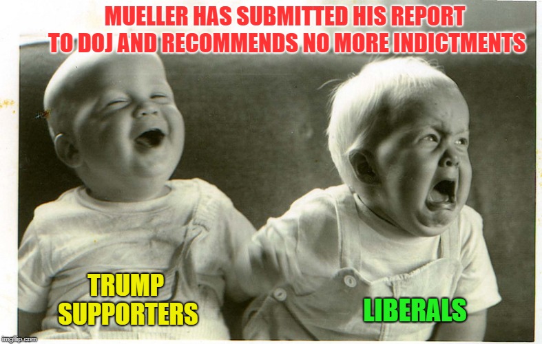 The Shoe Has Dropped | MUELLER HAS SUBMITTED HIS REPORT TO DOJ AND RECOMMENDS NO MORE INDICTMENTS; TRUMP SUPPORTERS; LIBERALS | image tagged in baby laughing baby crying,trump russia collusion,liberals vs conservatives,trump,mueller,russian investigation | made w/ Imgflip meme maker