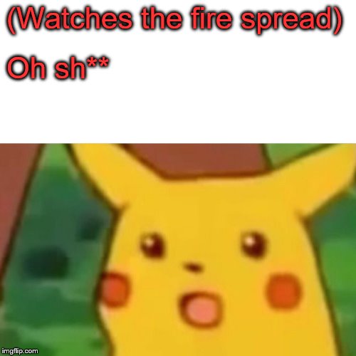 Surprised Pikachu Meme | (Watches the fire spread) Oh sh** | image tagged in memes,surprised pikachu | made w/ Imgflip meme maker