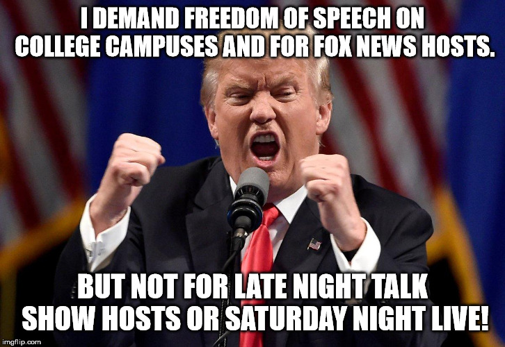 Angry Donald Trump  | I DEMAND FREEDOM OF SPEECH ON COLLEGE CAMPUSES AND FOR FOX NEWS HOSTS. BUT NOT FOR LATE NIGHT TALK SHOW HOSTS OR SATURDAY NIGHT LIVE! | image tagged in angry donald trump | made w/ Imgflip meme maker