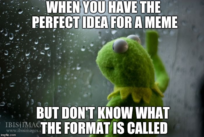 kermit window | WHEN YOU HAVE THE PERFECT IDEA FOR A MEME; BUT DON'T KNOW WHAT THE FORMAT IS CALLED | image tagged in kermit window | made w/ Imgflip meme maker