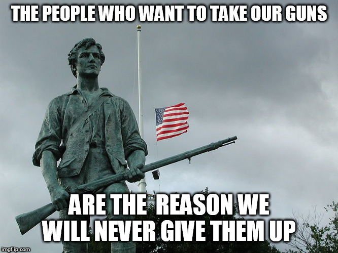 patriot | THE PEOPLE WHO WANT TO TAKE OUR GUNS; ARE THE  REASON WE WILL NEVER GIVE THEM UP | image tagged in patriot | made w/ Imgflip meme maker
