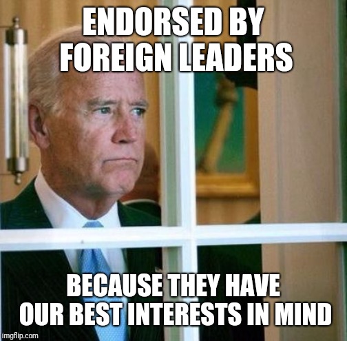 Sad Joe Biden | ENDORSED BY FOREIGN LEADERS; BECAUSE THEY HAVE OUR BEST INTERESTS IN MIND | image tagged in sad joe biden | made w/ Imgflip meme maker