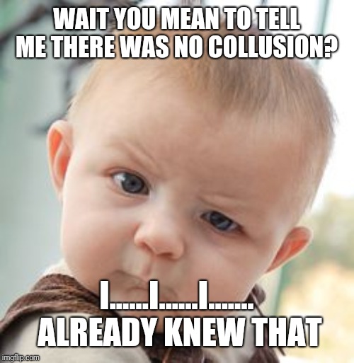 Skeptical Baby | WAIT YOU MEAN TO TELL ME THERE WAS NO COLLUSION? I......I......I....... ALREADY KNEW THAT | image tagged in memes,skeptical baby | made w/ Imgflip meme maker