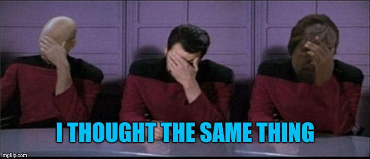 Picard, Riker, Worf Triple Facepalm | I THOUGHT THE SAME THING | image tagged in picard riker worf triple facepalm | made w/ Imgflip meme maker