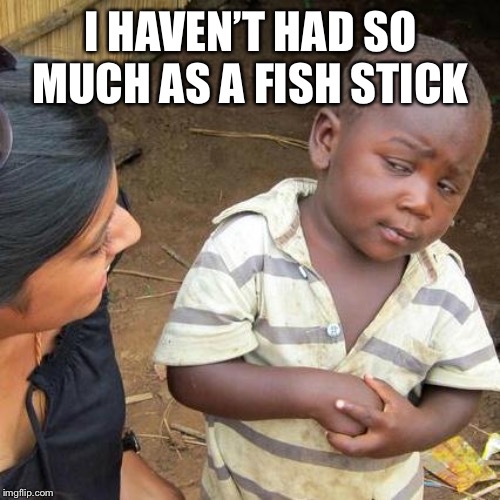 Third World Skeptical Kid Meme | I HAVEN’T HAD SO MUCH AS A FISH STICK | image tagged in memes,third world skeptical kid | made w/ Imgflip meme maker