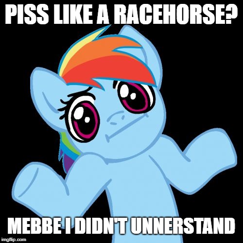 Pony Shrugs Meme | PISS LIKE A RACEHORSE? MEBBE I DIDN'T UNNERSTAND | image tagged in memes,pony shrugs | made w/ Imgflip meme maker
