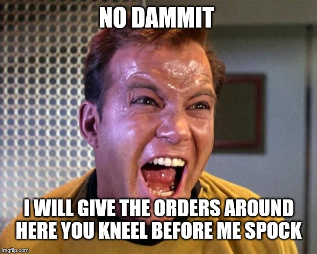 Captain Kirk Screaming | NO DAMMIT I WILL GIVE THE ORDERS AROUND HERE YOU KNEEL BEFORE ME SPOCK | image tagged in captain kirk screaming | made w/ Imgflip meme maker