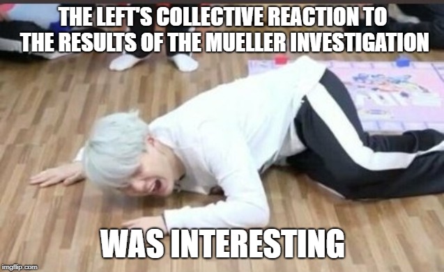 suga on the floor | THE LEFT'S COLLECTIVE REACTION TO THE RESULTS OF THE MUELLER INVESTIGATION; WAS INTERESTING | image tagged in suga on the floor | made w/ Imgflip meme maker