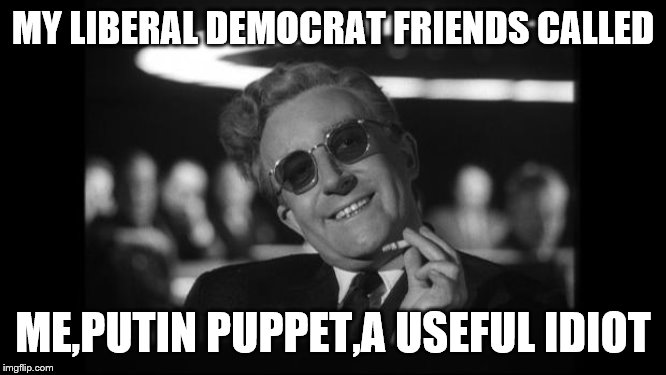 dr strangelove | MY LIBERAL DEMOCRAT FRIENDS CALLED ME,PUTIN PUPPET,A USEFUL IDIOT | image tagged in dr strangelove | made w/ Imgflip meme maker