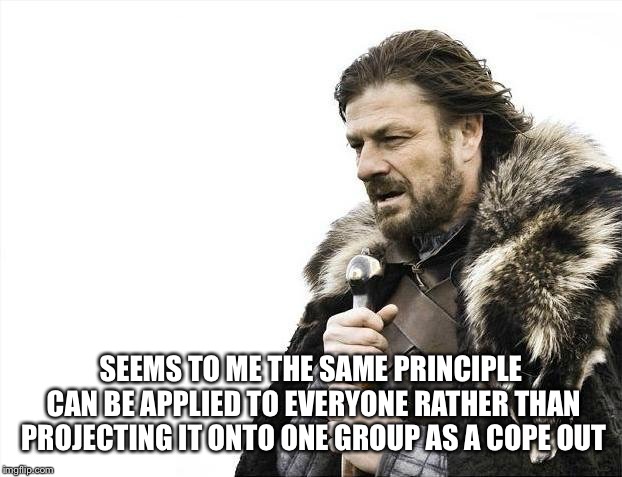 Brace Yourselves X is Coming Meme | SEEMS TO ME THE SAME PRINCIPLE CAN BE APPLIED TO EVERYONE RATHER THAN PROJECTING IT ONTO ONE GROUP AS A COPE OUT | image tagged in memes,brace yourselves x is coming | made w/ Imgflip meme maker