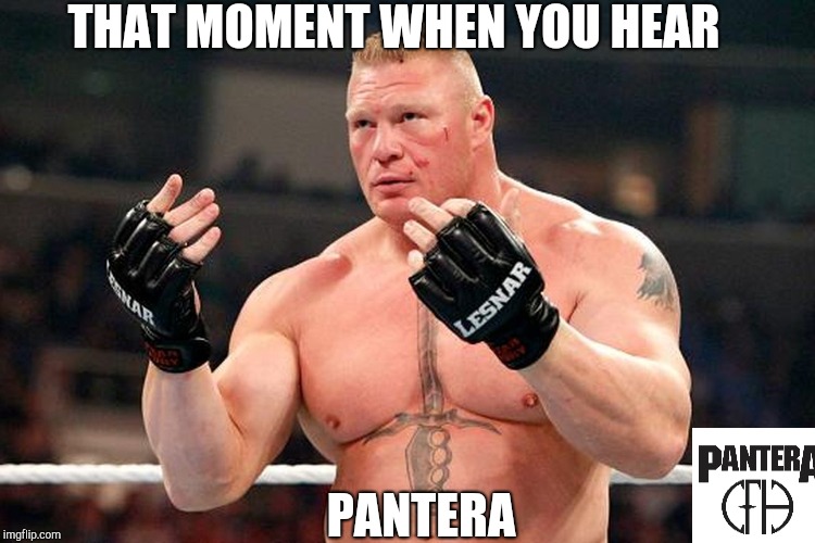 Brock. Lesnar. | THAT MOMENT WHEN YOU HEAR; PANTERA | image tagged in brock lesnar | made w/ Imgflip meme maker