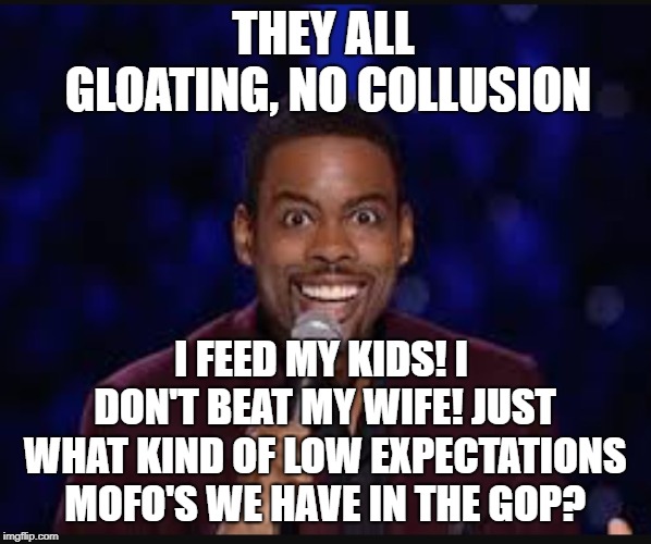 Chris rock | THEY ALL GLOATING, NO COLLUSION; I FEED MY KIDS! I DON'T BEAT MY WIFE! JUST WHAT KIND OF LOW EXPECTATIONS MOFO'S WE HAVE IN THE GOP? | image tagged in chris rock | made w/ Imgflip meme maker