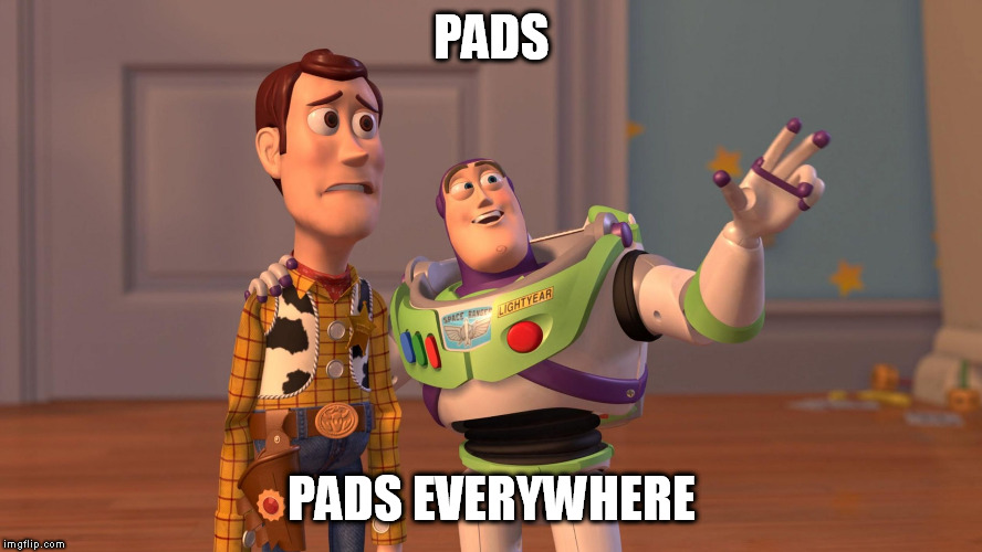 Woody and Buzz Lightyear Everywhere Widescreen | PADS; PADS EVERYWHERE | image tagged in woody and buzz lightyear everywhere widescreen | made w/ Imgflip meme maker