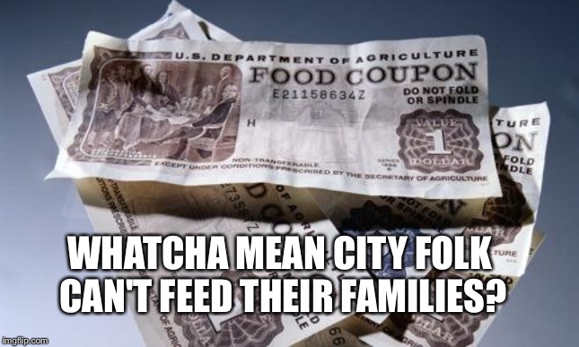 Food Stamps | WHATCHA MEAN CITY FOLK CAN'T FEED THEIR FAMILIES? | image tagged in food stamps | made w/ Imgflip meme maker